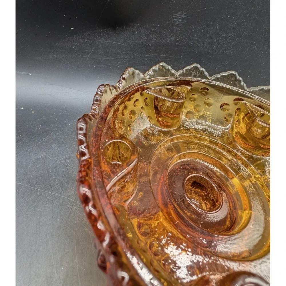Vintage Amber Fenton Glass Hobnail Console Bowl Scalloped Edge 6 Candle Holder